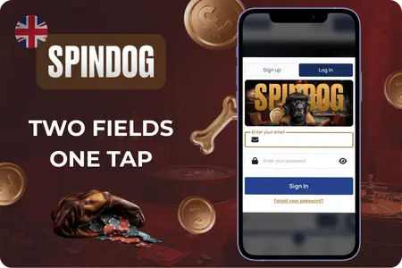 SpinDog Casino login form on mobile device