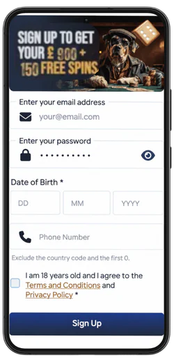 SpinDog Empty registration form on a phone screen