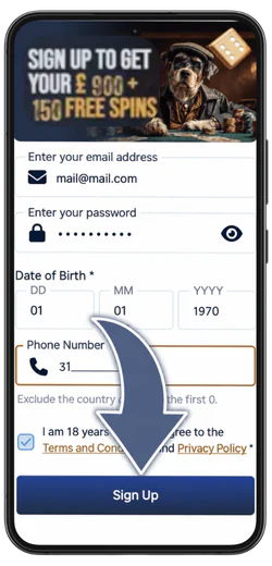 SpinDog Filled sign-up form with the 18+ box ticked