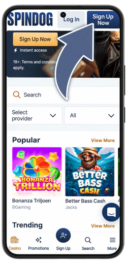 SpinDog Sign-up button on a mobile casino homepage